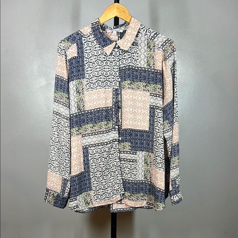 Rose & Olive Blue and Cream Button Down Shirt Patchwork Design